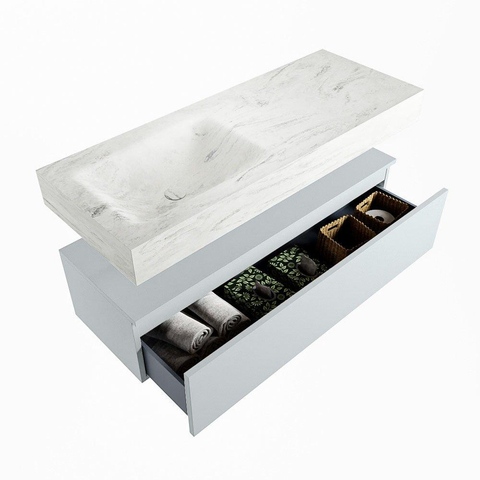 Mondiaz ALAN-DLUX Ensemble de meuble - 120cm - meuble Clay mat - 1 tiroir - Lavabo Cloud Opalo suspendu - vasque Gauche - 1 trou de robinet SW806644