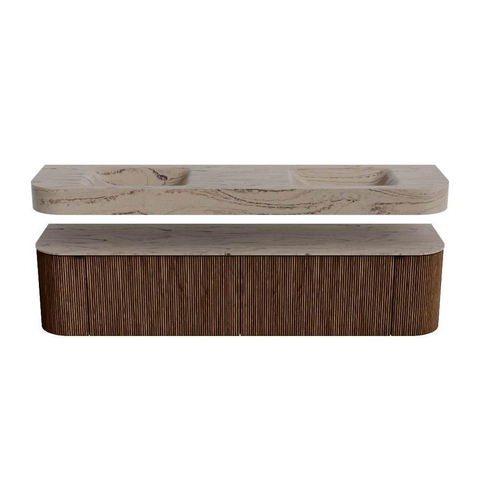 MONDIAZ THOR-DLUX 190cm meuble de salle de bains arrondi gauche + droite couleur Walnut avec 2 tiroirs et 2 portes. Vasque suspendue CLOUD Double sans trou de robinet couleur Arena. SW1466584