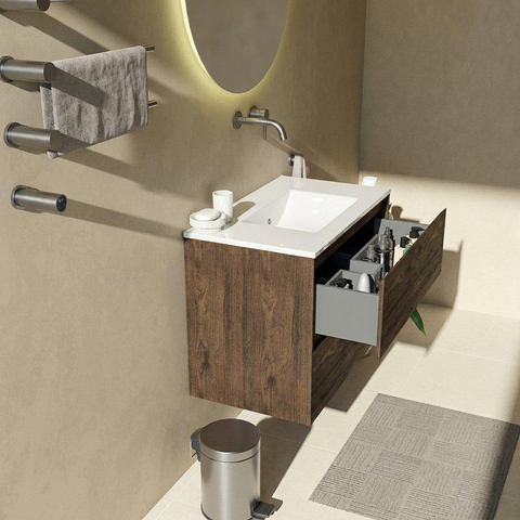 Saniclass Holz Pure Ensemble meuble de salle de bains - 80x45x62cm - Lavabo en céramique Vygo blanc - 1 vasque - sans trou de robinetterie - 2 tiroirs - chêne charcoal mat (bois) SW1439444