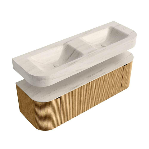 MONDIAZ THOR-DLUX 140cm meuble de salle de bains arrondi gauche + droite couleur Oak avec 1 tiroir et 2 portes. Vasque suspendue CLOUD Double 2 trous de robinet couleur Meli. SW1464409