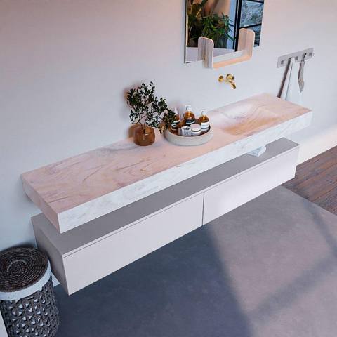 Mondiaz ALAN-DLUX Ensemble de meuble - 200cm - meuble Cale mat - 2 tiroirs - Lavabo Cloud Ostra suspendu - vasque droite - 0 trous de robinet SW807399
