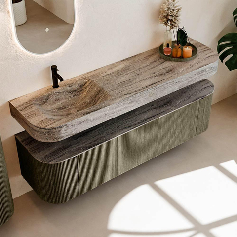 MONDIAZ THOR-DLUX Meuble de salle de bains 170cm arrondi gauche + droite couleur Shadow avec 1 tiroir et 2 portes. Vasque suspendue CLOUD Gauche 1 trou de robinet couleur Oza. SW1465717