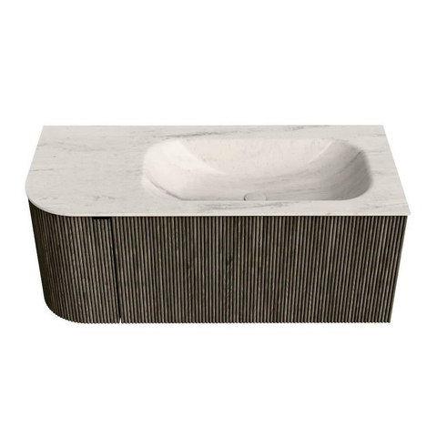MONDIAZ KURVE-DLUX Meuble de salle de bains 105cm arrondi à gauche couleur Shadow avec 1 tiroir et 1 porte. Lavabo BIG SMALL à droite 1 trou de robinet Meli. SW1431791