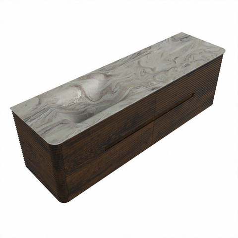 Mondiaz CIRO-DLUX Badkamermeubelset - 160x45x50cm - Solid surface wastafel Glace - 1 wasbak Links - zonder kraangaten - 4 lades - Walnut SW1530290