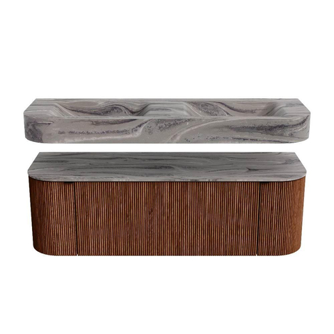 MONDIAZ THOR-DLUX 140cm badmeubel ronding links + rechts kleur Ruby met 1 lade en 2 deuren. Vrijhangende wastafel CLOUD Dubbel 2 kraangaten kleur Sombra. SW1464223