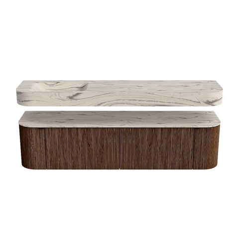 MONDIAZ THOR-DLUX Meuble de salle de bains 180cm arrondi gauche + droite couleur Walnut avec 2 tiroirs et 2 portes. Vasque suspendue CLOUD Gauche sans trou de robinet couleur Nata. SW1466206