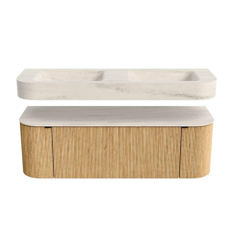 MONDIAZ THOR-DLUX 140cm badmeubel ronding links + rechts kleur Oak met 1 lade en 2 deuren. Vrijhangende wastafel CLOUD Dubbel zonder kraangat kleur Meli. SW1464393