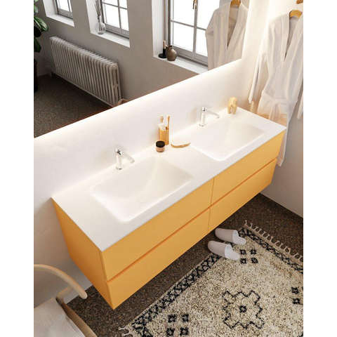 MONDIAZ VICA Ensemble de meuble salle de bain - 150cm - 4 tiroirs - lavabo Cloud double - 2 trous de robinet - solid surface ocre SW411143