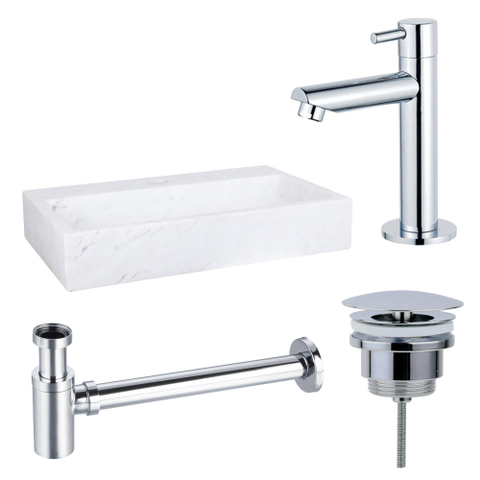 Fortifura Fuente Fonteinset - 38x24x8cm - 1 kraangat - marmer - fonteinkraan chroom - glans wit SW1111479