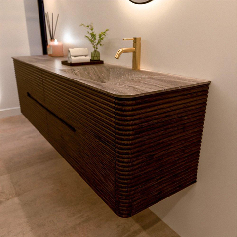 Mondiaz CIRO-DLUX Badkamermeubelset - 170x45x50cm - Solid surface wastafel Oza - 1 wasbak Rechts - 1 kraangat - 4 lades - Walnut SW1530679