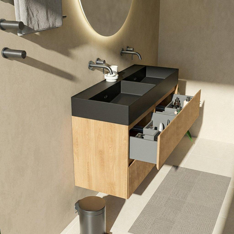 Saniclass Holz Atelier Badkamermeubelset - 120x45x72cm - Legend keramische wastafel mat zwart - 2 wasbakken - zonder kraangaten - 4 lades - mat eiken natural (hout) SW1579630