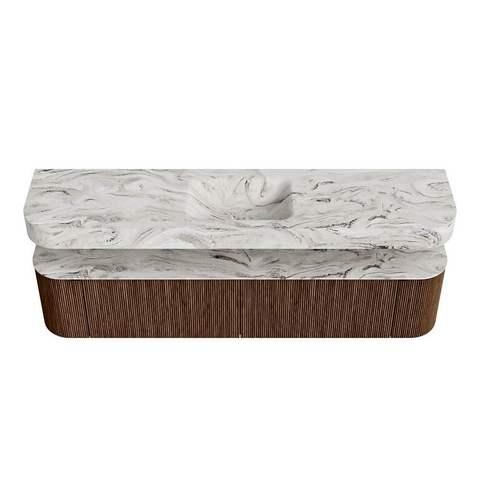 MONDIAZ THOR-DLUX 200cm badmeubel ronding links + rechts kleur Walnut met 2 lades en 2 deuren. Vrijhangende wastafel CLOUD Midden 1 kraangat kleur Glace. SW1466980