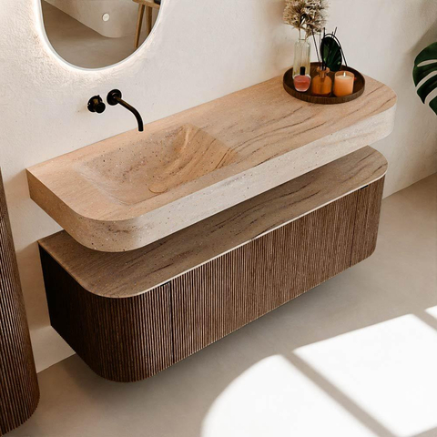 MONDIAZ THOR-DLUX Meuble de salle de bains 140cm arrondi gauche + droite couleur Walnut avec 1 tiroir et 2 portes. Vasque suspendue CLOUD Gauche sans trou de robinet couleur Saba. SW1464294