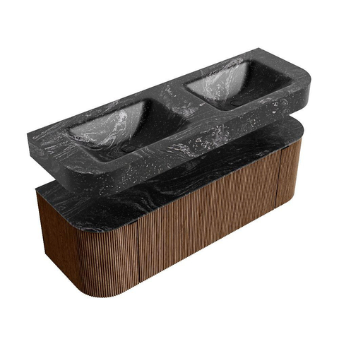 MONDIAZ THOR-DLUX Meuble de salle de bains 140cm arrondi gauche + droite couleur Walnut avec 1 tiroir et 2 portes. Vasque suspendue CLOUD Double 2 trous de robinet couleur Lava. SW1463964