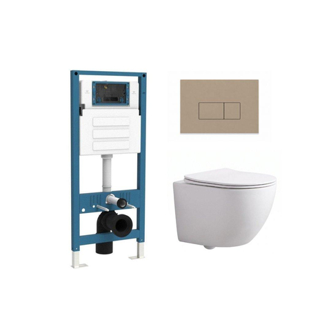 QeramiQ Dely Swirl Compact Toiletset - inbouwreservoir QeramiQ flush - 25mm zitting - kunststof bedieningsplaat taupe - rechthoekige knoppen - mat wit SW1590823