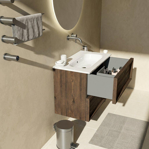 Saniclass Holz Frame Badkamermeubelset - 80x45x73.9cm - Chaci keramische wastafel wit - 1 wasbak - zonder kraangat - 2 lades - mat eiken charcoal (hout) SW1579996