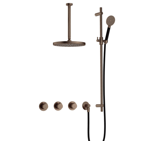 Hotbath Cobber IBS70 Regendoucheset - inbouw - 30cm plafondarm - 30cm ronde hoofddouche - 3 standen handdouche - glijstang - messing verouderd koper (goud) SW677609