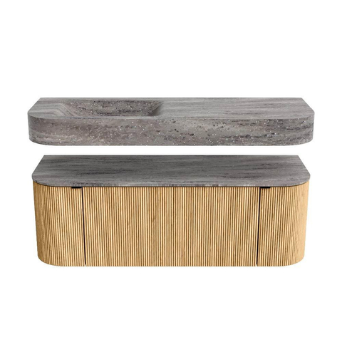 MONDIAZ THOR-DLUX 130cm meuble de salle de bains arrondi gauche + droite couleur Oak avec 1 tiroir et 2 portes. Vasque suspendue CLOUD Gauche sans trou de robinet couleur Oza. SW1463954