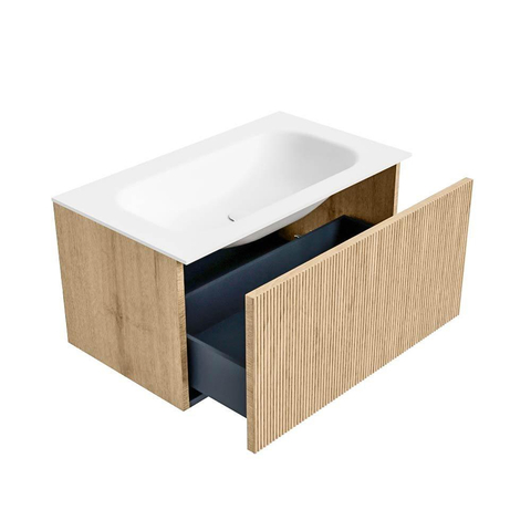 MONDIAZ KURVE Meuble de salle de bains 80cm couleur Oak avec 1 tiroir. Lavabo BIG SMALL central sans trou de robinet Talc. SW1138184