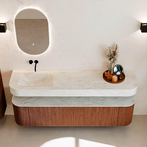MONDIAZ THOR-DLUX 180cm meuble de salle de bains arrondi gauche + droite couleur Ruby avec 2 tiroirs et 2 portes. Vasque suspendue CLOUD Gauche sans trou de robinet couleur Opalo. SW1466053