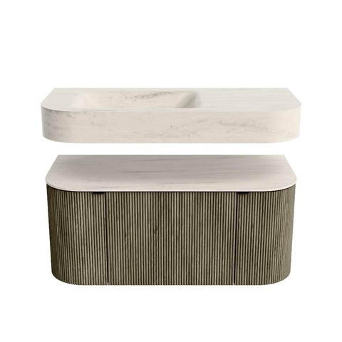 MONDIAZ THOR-DLUX 100cm meuble de salle de bains arrondi gauche + droite couleur Shadow avec 1 tiroir et 2 portes. Vasque suspendue CLOUD Gauche 1 trou de robinet couleur Meli. SW1467494