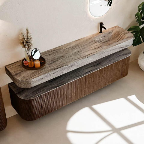 MONDIAZ THOR-DLUX 200cm meuble de salle de bains arrondi gauche + droite couleur Walnut avec 2 tiroirs et 2 portes. Vasque suspendue CLOUD Droite 1 trou de robinet couleur Oza. SW1467196