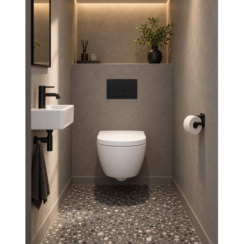 QeramiQ Dely Swirl Compact Toiletset - inbouwreservoir QeramiQ flush - 25mm zitting - kunststof bedieningsplaat mat zwart - rechthoekige knoppen - mat wit SW1590803