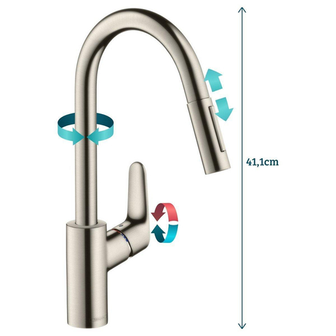 Hansgrohe Focus m41 Eengreeps keukenmengkraan - 240 met uittrekbare vuistdouche - 2 straalsoorten - rvs look GA66536
