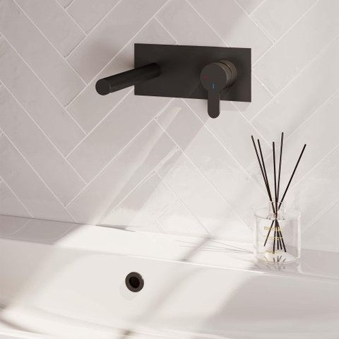 BRAUER Black Edition Mitigeur de lavabo encastré - bec droit à gauche - levier plat étroit - y compris partie encastrée - plaque de recouvrement - modèle D 1 - noir mat SW385403