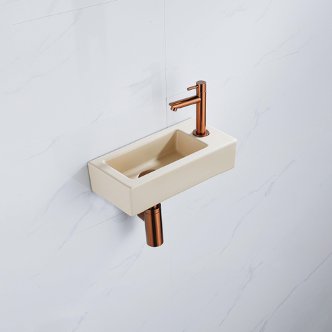 QeramiQ Fuente fonteinset – 37.5x18.5x9 cm – keramiek beige – kraangat rechts – geborsteld koperen kraan SW1232775