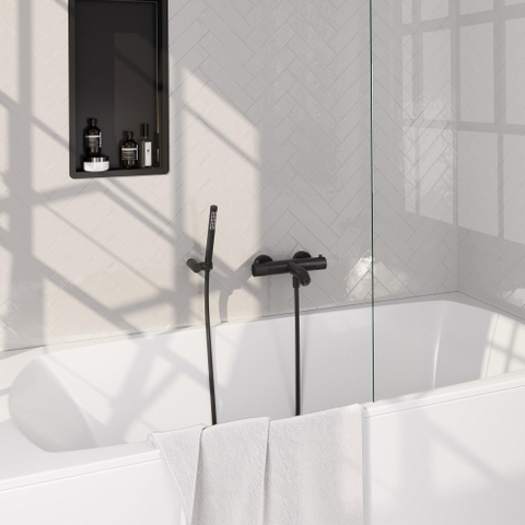 BRAUER Stripe Mitigeur thermostatique douche de bain - SET 03 - apparent - support mural - douchette à main sur barre - flexible de douche - noir mat SW1435105