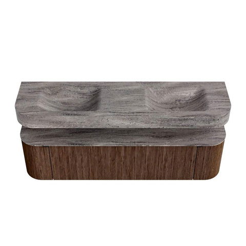 MONDIAZ THOR-DLUX 170cm badmeubel ronding links + rechts kleur Walnut met 1 lade en 2 deuren. Vrijhangende wastafel CLOUD Dubbel zonder kraangat kleur Oza. SW1465671