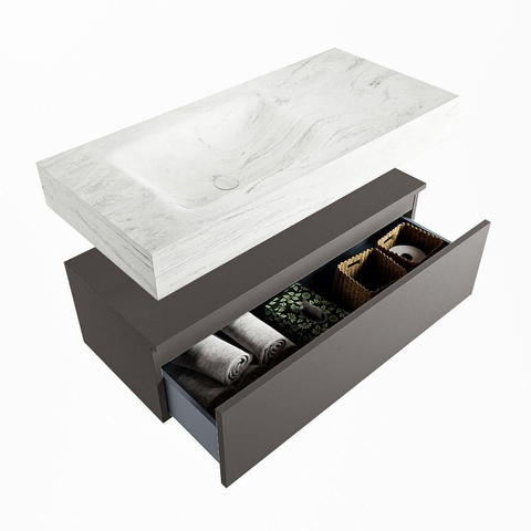 Mondiaz ALAN-DLUX Ensemble de meuble - 100cm - meuble Dark grey mat - 1 tiroir - Lavabo Cloud Opalo suspendu - vasque Gauche - 1 trou de robinet SW806334