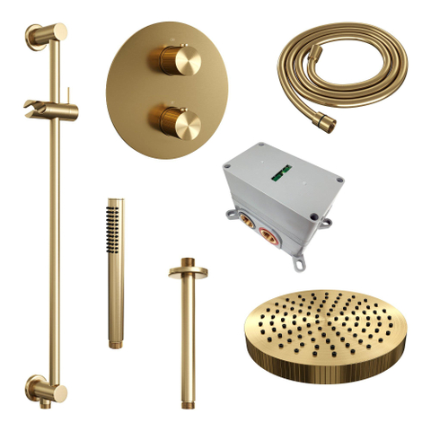 BRAUER Stripe Douche de tête thermostatique encastrée - 3 voies - ronde - SET 45 - pomme de douche 25cm - bras plafond - douchette à main - flexible de douche - barre coulissante intégrée - PVD doré brossé SW1434867