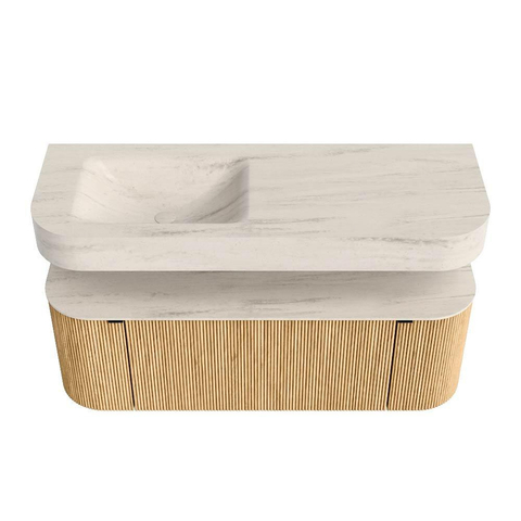 MONDIAZ THOR-DLUX 130cm meuble de salle de bains arrondi gauche + droite couleur Chêne avec 1 tiroir et 2 portes. Vasque suspendue CLOUD Gauche sans trou de robinet couleur Meli. SW1463858