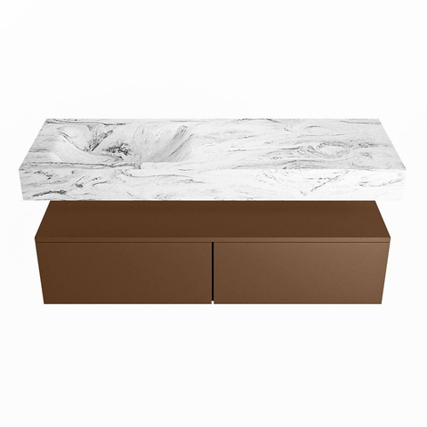 Mondiaz ALAN-DLUX Ensemble de meuble - 130cm - meuble Rust mat - 2 tiroirs - Lavabo Cloud Glace suspendu - vasque Gauche - 0 trous de robinet SW805870