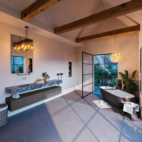 Mondiaz ALAN-DLUX Ensemble de meuble - 200cm - meuble Dark grey mat - 2 tiroirs - Lavabo Cloud Lava suspendu - vasque Gauche - 0 trous de robinet SW808259