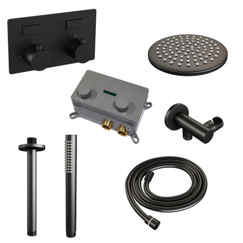 BRAUER Black Edition Douche de pluie thermostatique encastrée - boutons-poussoirs - SET 53 - douche de tête 20 cm - bras de plafond - douchette à main barre - flexible de douche - coude de raccordement mural - noir mat SW925421
