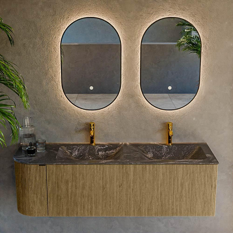 Mondiaz KURVE-DLUX Ensemble de meubles de salle de bains - 145x46x40cm - 1 tiroir - 1 porte - lavabo solid surface - double / droite - 2 trous de robinet - Dusk SW1415556
