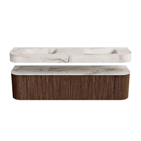 MONDIAZ THOR-DLUX 180cm badmeubel ronding links + rechts kleur Walnut met 2 lades en 2 deuren. Vrijhangende wastafel CLOUD Dubbel zonder kraangat kleur Frappe. SW1448788