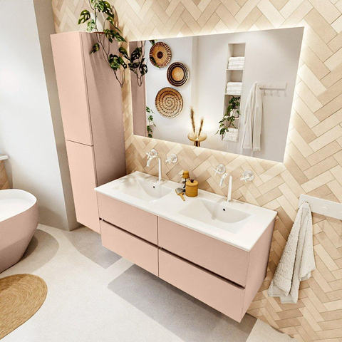 MONDIAZ VICA Ensemble meuble de salle de bains - 120cm - meuble sous-vasque rosee - 4 tiroirs - lavabo denia double - 2 trous de robinet - version haute 60cm - blanc brillant SW1080280