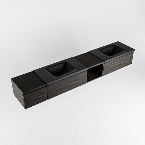 MONDIAZ BUKLA 240cm ensemble de meuble avec module ouvert 40 à droite couleur Marron Foncé avec 3 tiroirs. Lavabo CLOUD double 2 trous de robinet couleur Urban. SW1382257