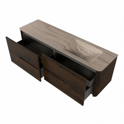 Mondiaz CIRO-DLUX Meuble de salle de bains - 160x45x50cm - Plan vasque Solid surface Saba - 1 vasque à droite - sans trous de robinetterie - 4 tiroirs - Noyer SW1530727