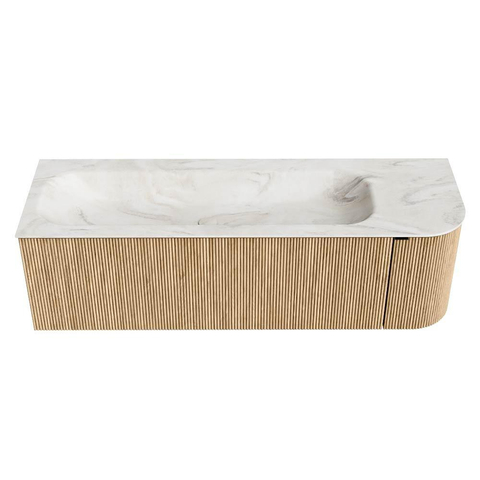 MONDIAZ KURVE-DLUX 145cm badmeubel met module 25 R kleur Oak met 1 lade en 1 deur. Wastafel BIG LARGE links zonder kraangat kleur Ostra. SW1137741
