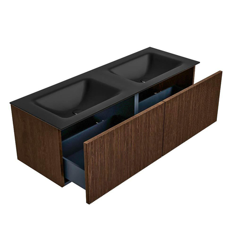 MONDIAZ KURVE Meuble de salle de bains 130cm couleur Walnut avec 2 tiroirs. Lavabo CLOUD double sans trou de robinet Urban. SW1138537