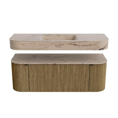MONDIAZ THOR-DLUX 130cm meuble de salle de bains arrondi gauche + droite couleur Dusk avec 1 tiroir et 2 portes. Vasque suspendue CLOUD Milieu sans trou de robinet couleur Arena. SW1463785