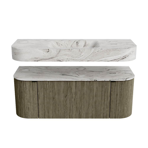 MONDIAZ THOR-DLUX 120cm meuble de salle de bains arrondi gauche + droite couleur Shadow avec 1 tiroir et 2 portes. Vasque suspendue CLOUD Milieu 1 trou de robinet couleur Glace. SW1463159
