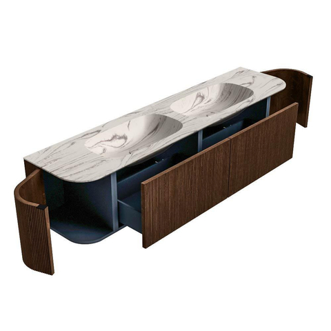 MONDIAZ KURVE-DLUX Meuble de salle de bains 190cm arrondi Gauche + Droite couleur Walnut avec 2 tiroirs et 2 portes. Lavabo STOR SMALL Double 2 trous de robinet Nata. SW1432235