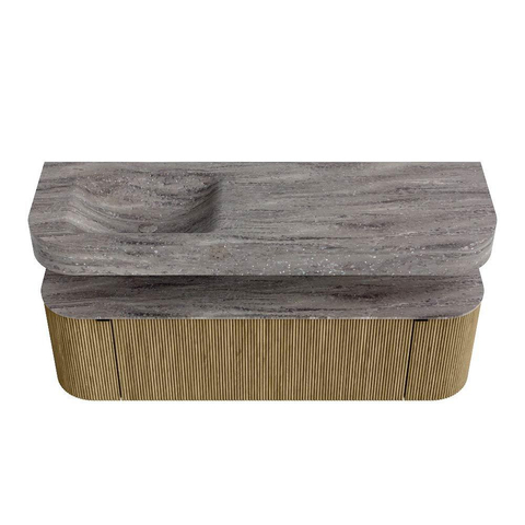 MONDIAZ THOR-DLUX 150cm meuble de salle de bains arrondi gauche + droite couleur Dusk avec 1 tiroir et 2 portes. Vasque suspendue CLOUD Gauche sans trou de robinet couleur Oza. SW1464853