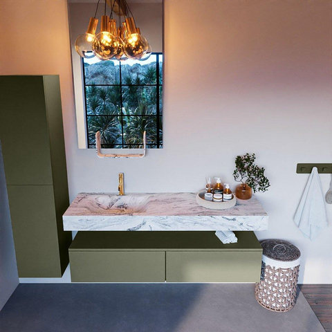 Mondiaz ALAN-DLUX Ensemble de meuble - 150cm - meuble Army mat - 2 tiroirs - Lavabo Cloud Glace suspendu - vasque Gauche - 1 trou de robinet SW805942